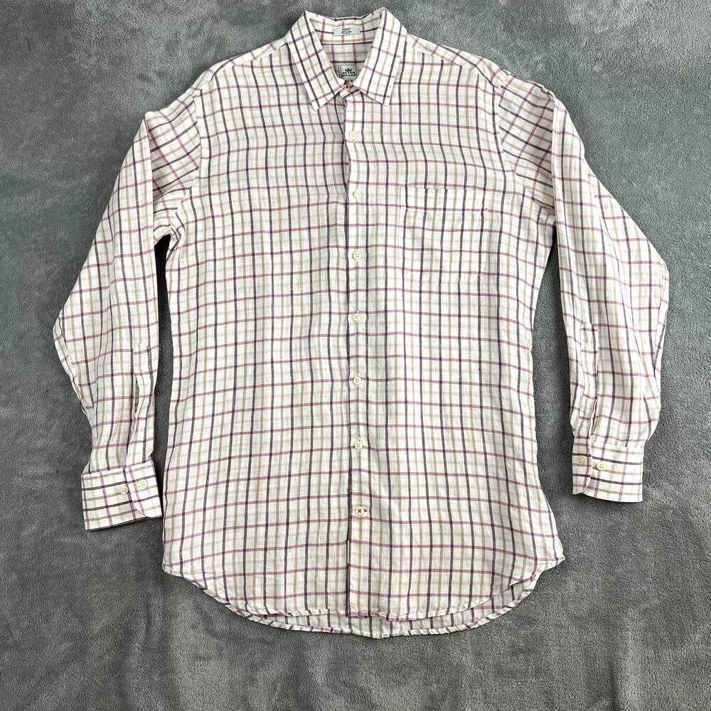 Peter Millar Long Sleeve Button Down Shirt Mens M 100% Linen White Purple Plaid